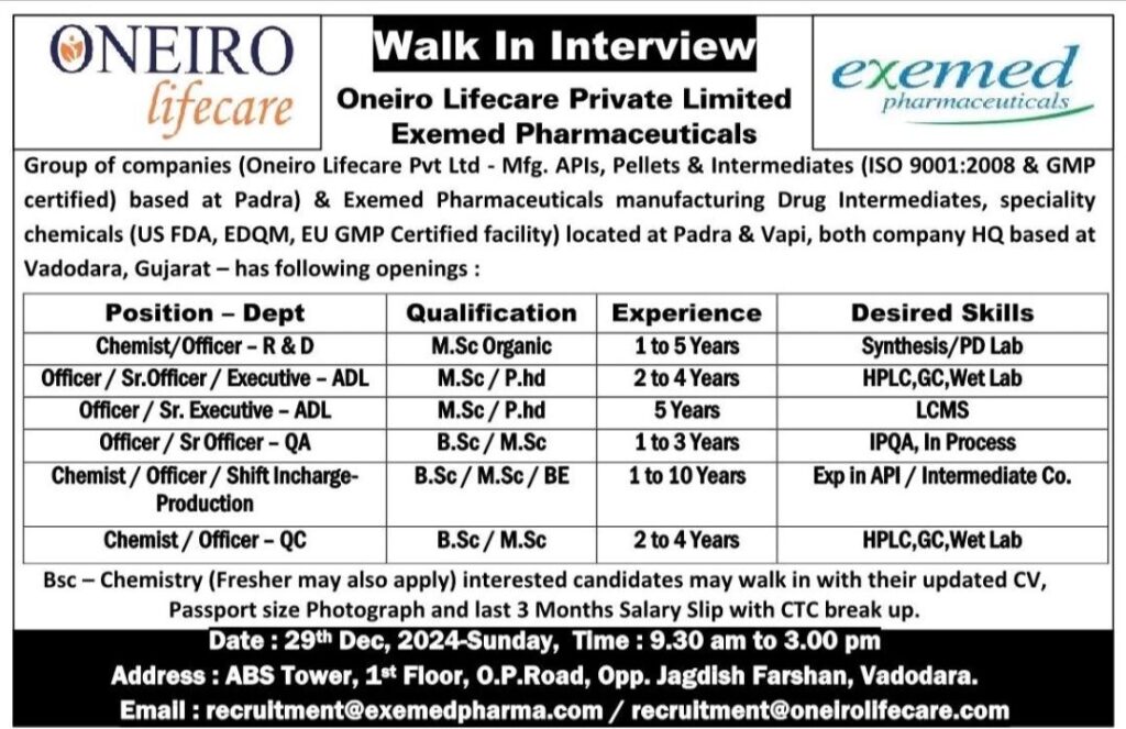 Oneiro Lifecare Private Limited Walk In Drive on 29th December, 2024