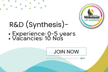 Venkatasai Life Sciences Hiring for Multiple Roles in R&D (Synthesis)