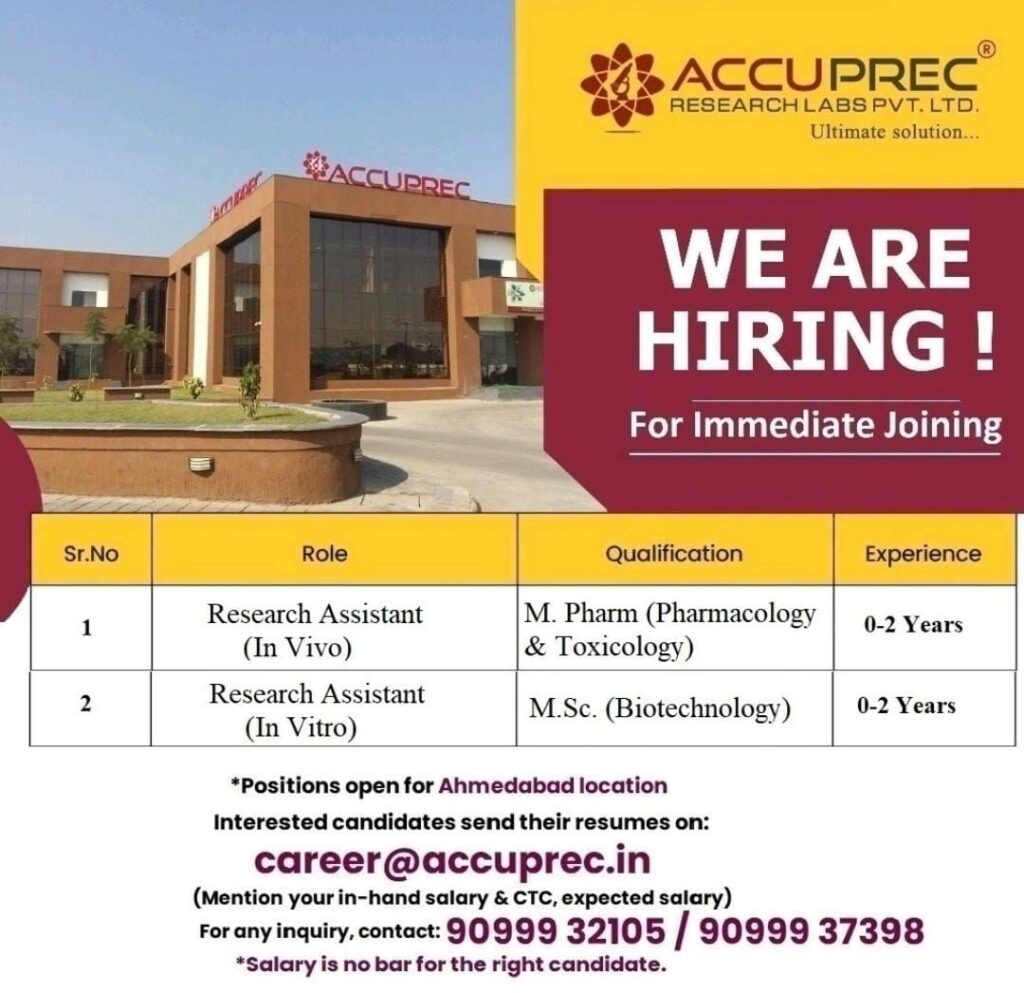 ACCUPREC RESEARCH LABS PVT. LTD Hiring M.Pharm & M.Sc. Freshers and Experienced
