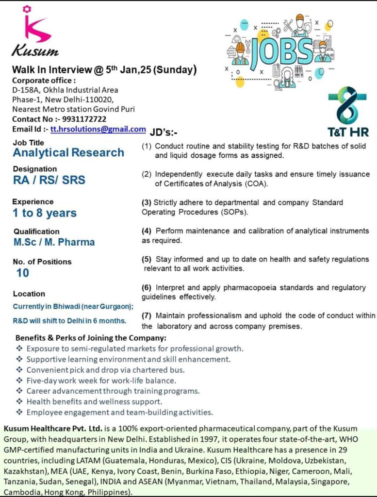 Kusum Healthcare Walk-In Drive for Analytical Research