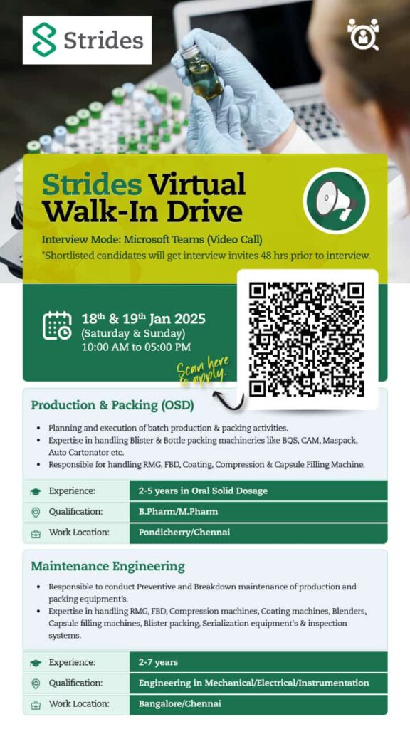 Join Strides! Virtual Walk-in for Production, Packing & Engineering Roles