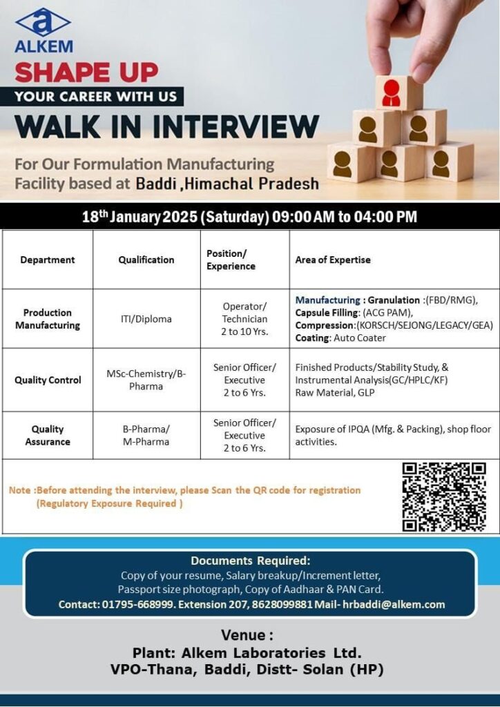 Alkem Laboratories: Jan 2025 Walk-In for Manufacturing Jobs