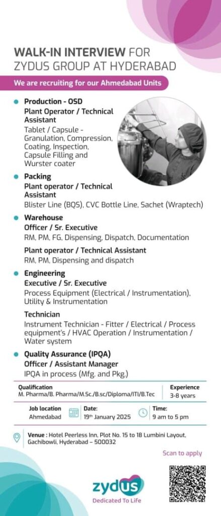 Walk-in Interview for Zydus Group at Hyderabad 