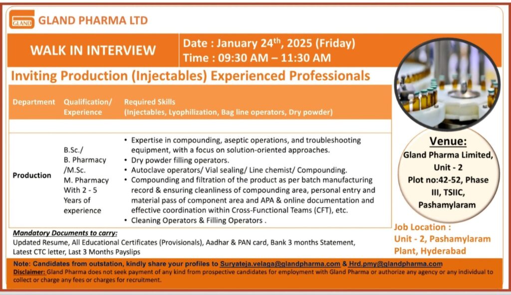 Walk-In Alert: Gland Pharma Hiring for Production Roles