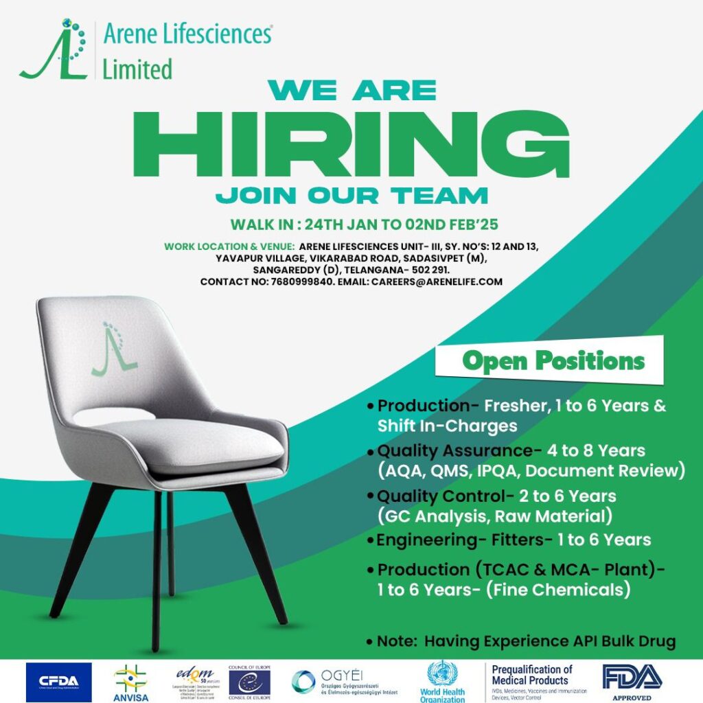 Walk-In at Arena Lifesciences: Exciting Opportunities in QC, QA, Engineering & Production