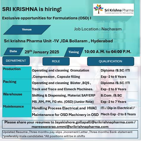 Explore Job Opportunities at Sri Krishna Pharma: Walk-In Drive for Multiple Dept 