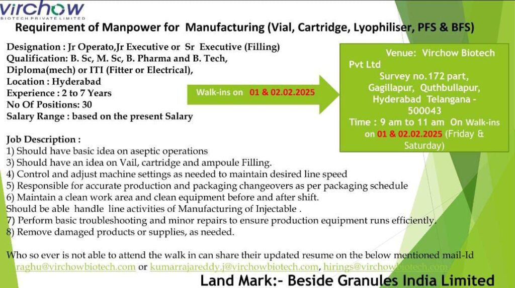 Join Virchow Walk-In Drive for Manufacturing Role