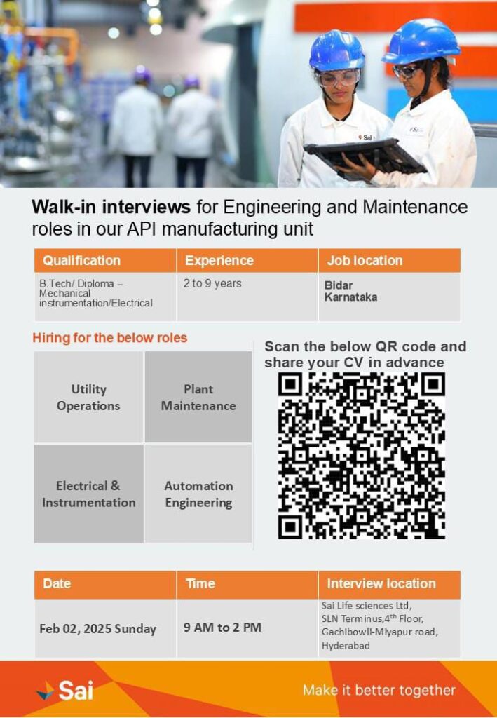 Join Sai Walk-in Interview for Maintenance and Engineering Jobs
