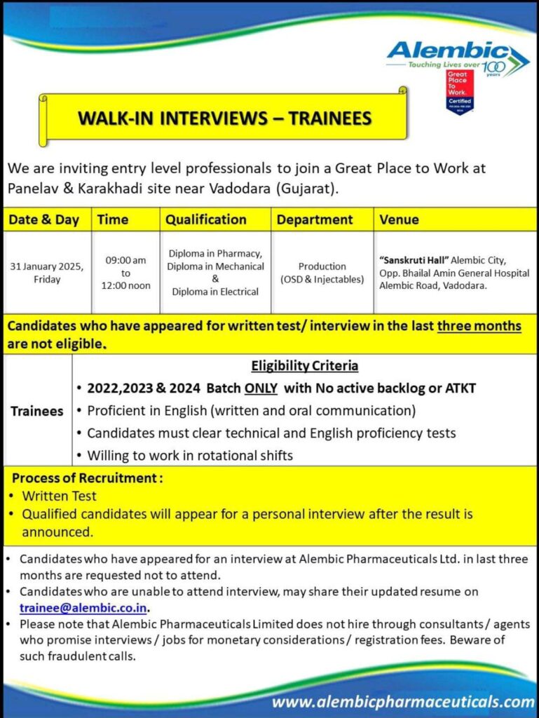 Freshers Walk-In Interview: Alembic hiring for Production Department