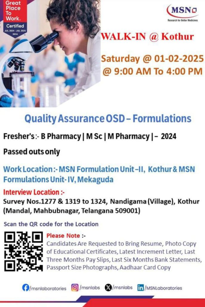 MSN Laboratories Hiring: Walk-In for Quality Assurance Roles
