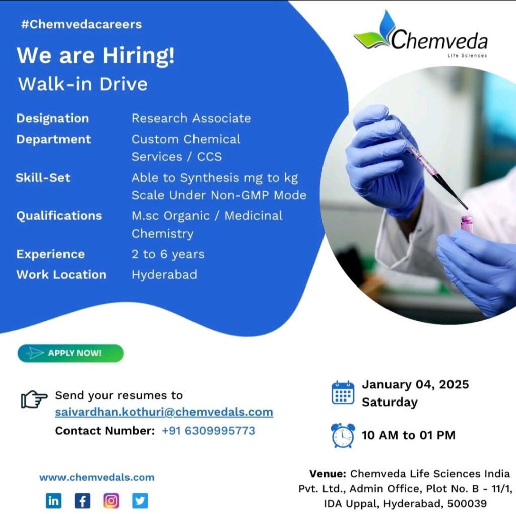 Chemveda Life Sciences Walk-In | Research Associate 