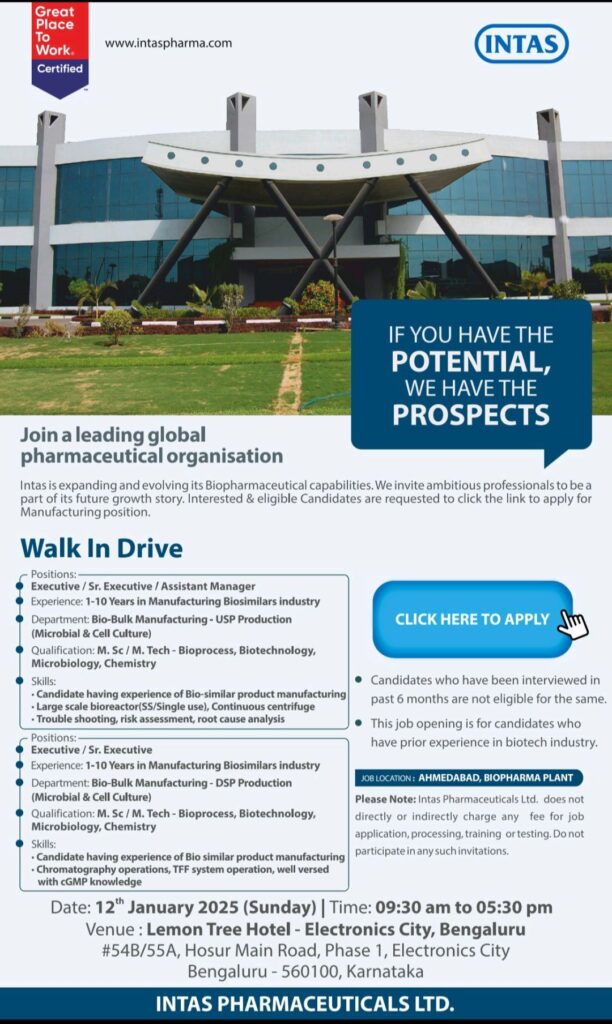 Join Intas Pharmaceuticals – Walk-In Hiring for Manufacturing Roles