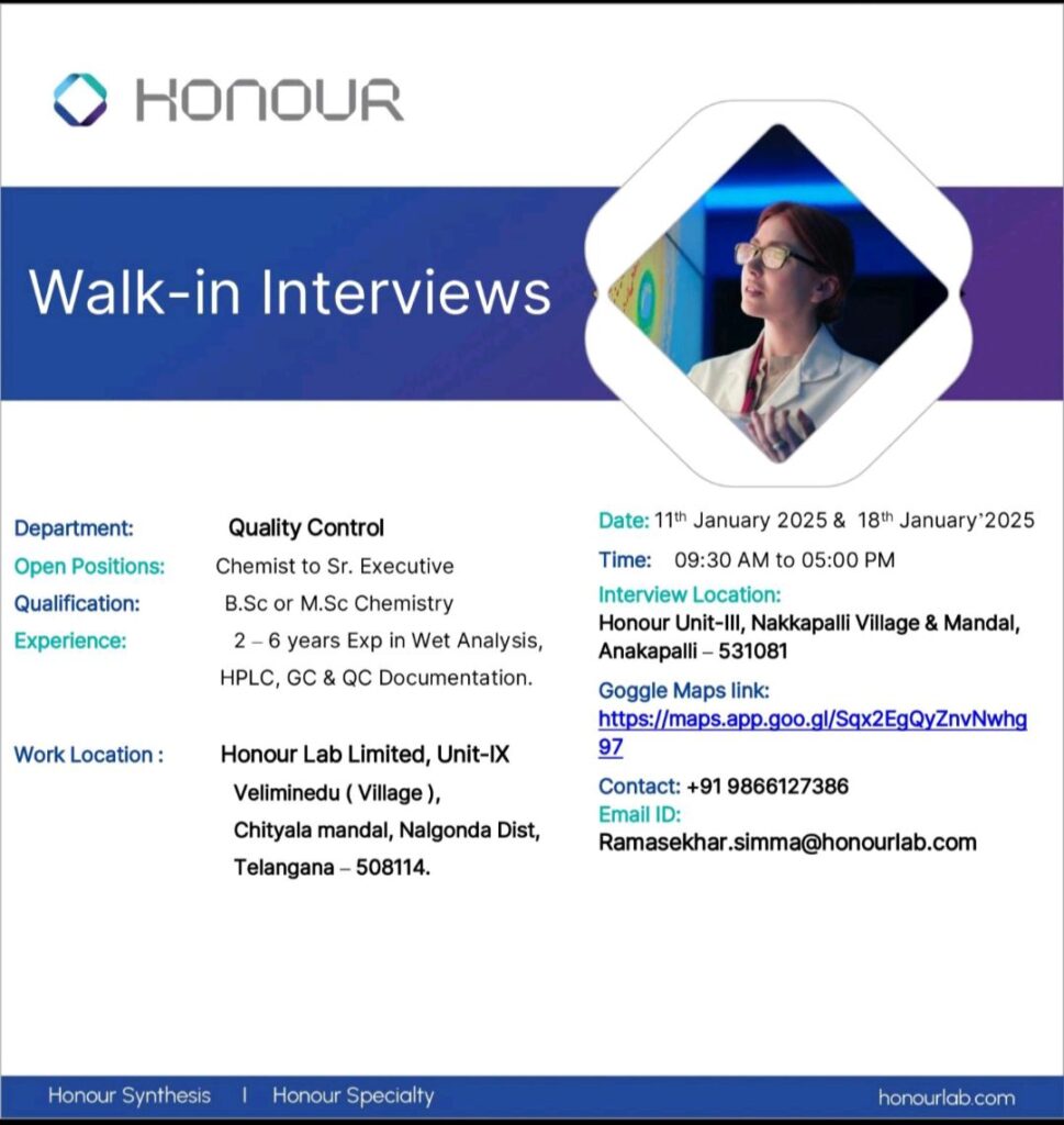 Honour Lab Hiring for QC Department | Walk-In Interview