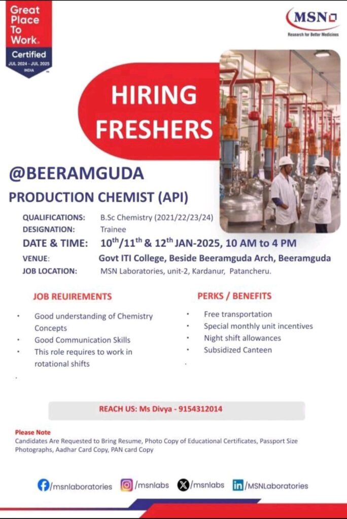 MSN Laboratories Freshers Walk-In Interview: Hiring Production Chemists