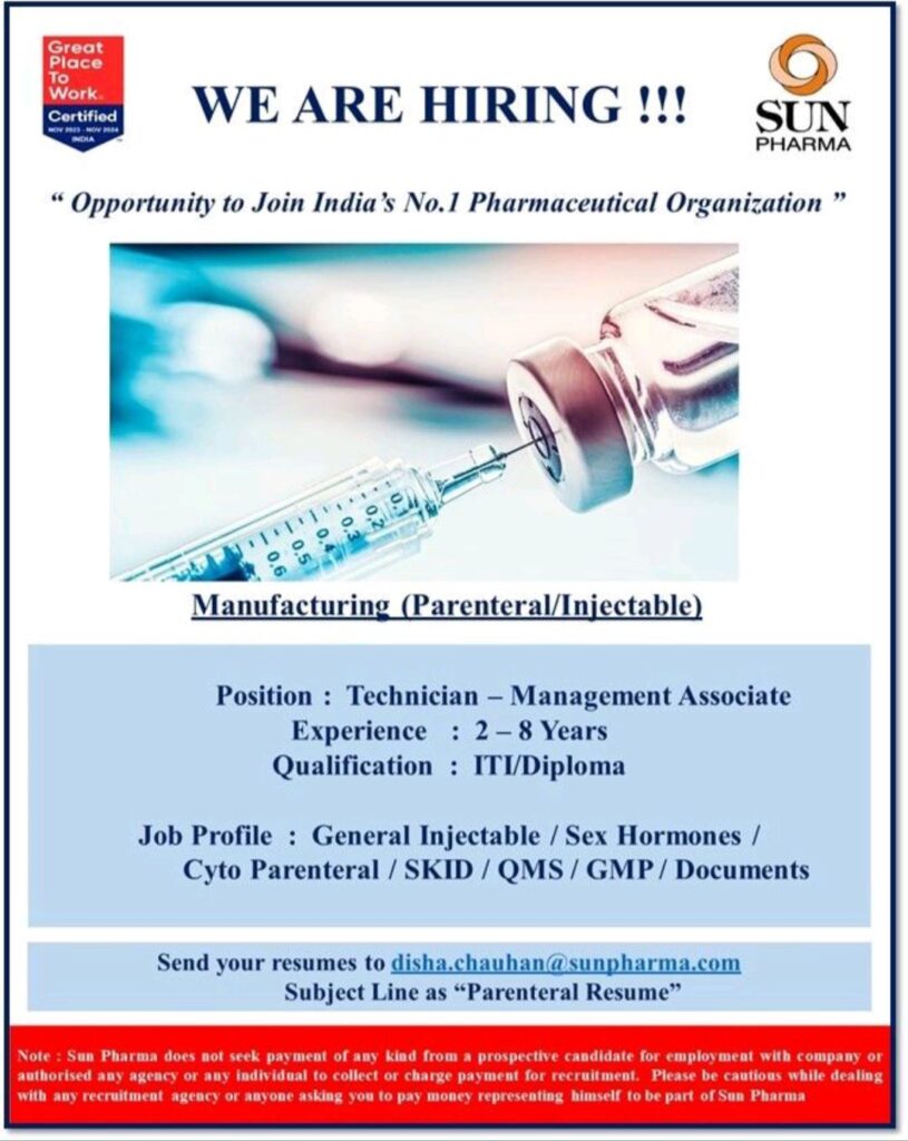Join Sun Pharma: Manufacturing Job Openings Available