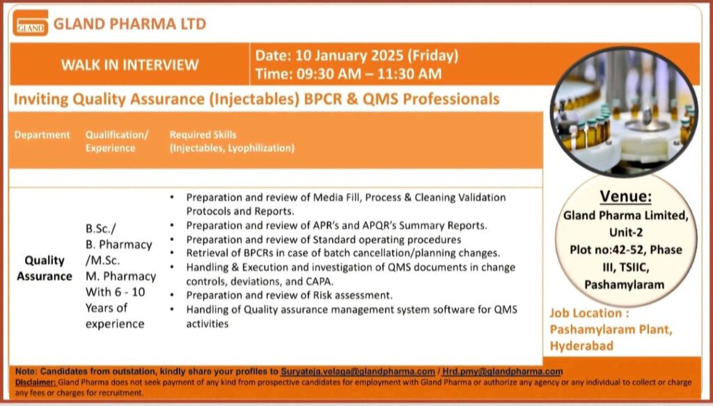 Join Gland Pharma's Walk-In for Quality Assurance Roles 