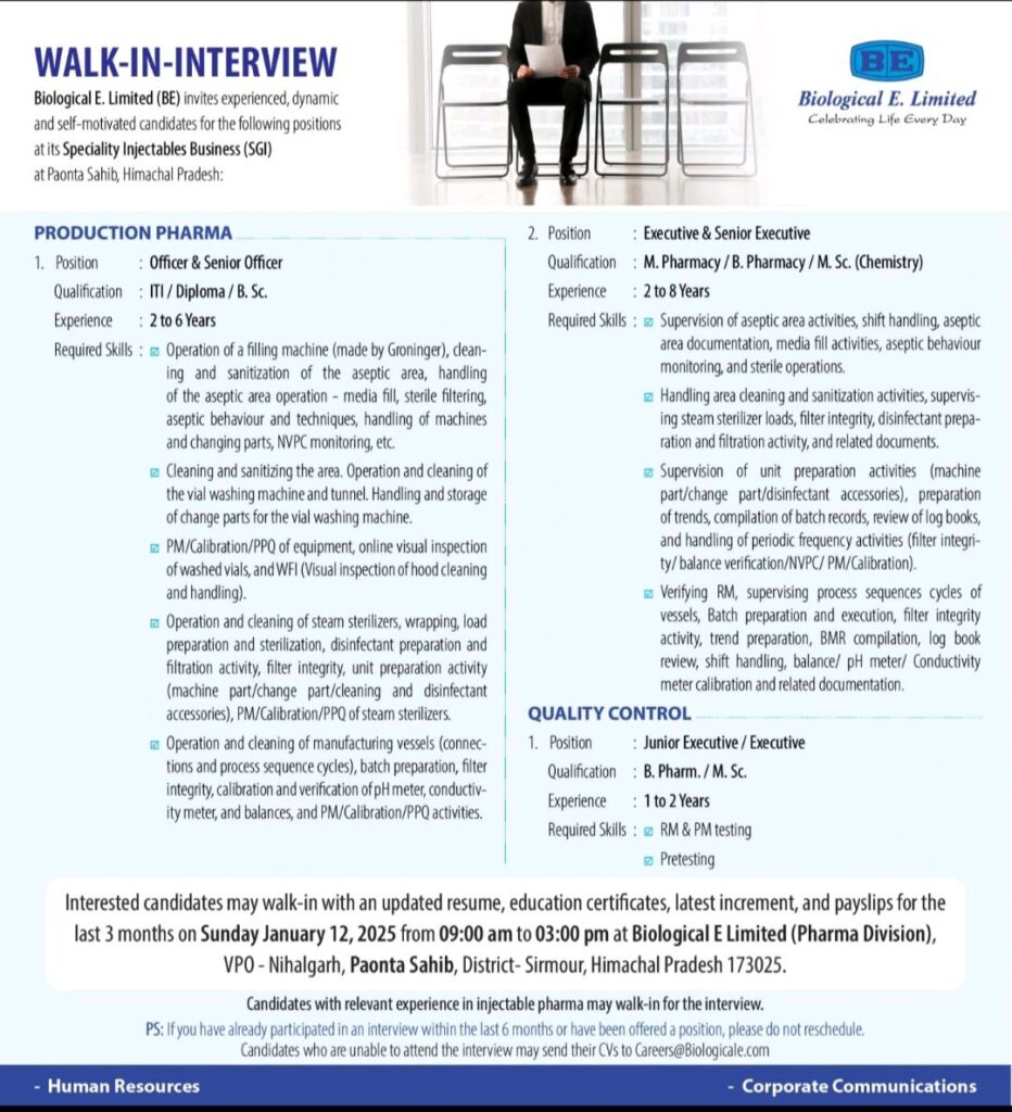Walk-In Alert: Biological E. Limited Opens Doors for Production & QC Jobs