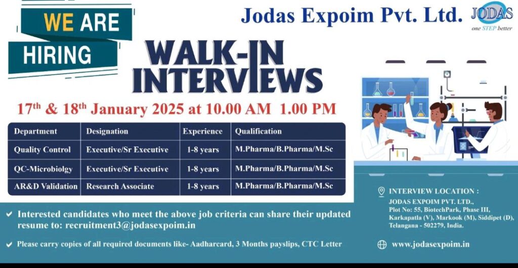 Join Jodas Expoim: Walk-In Interviews for QC, QC-Micro & AR&D Validation Roles