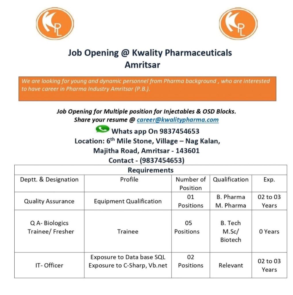 Kwality Pharmaceuticals hiring for Quality Assurance & IT Department