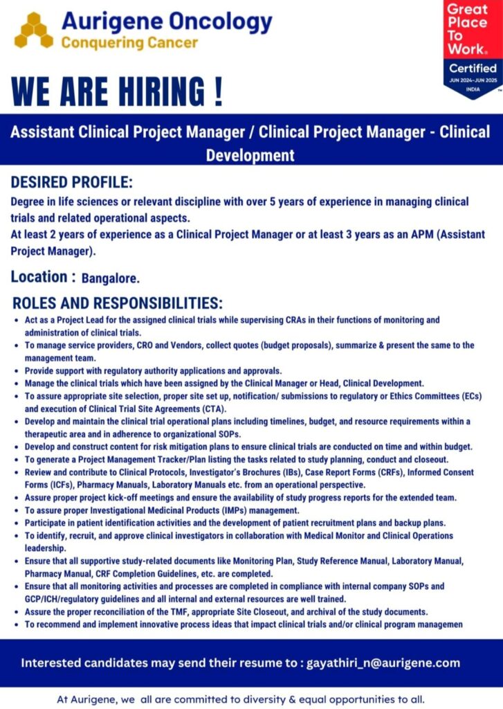 Aurigene Oncology hiring for Assistant Clinical Project Manager / Clinical Project Manager - Clinical Development