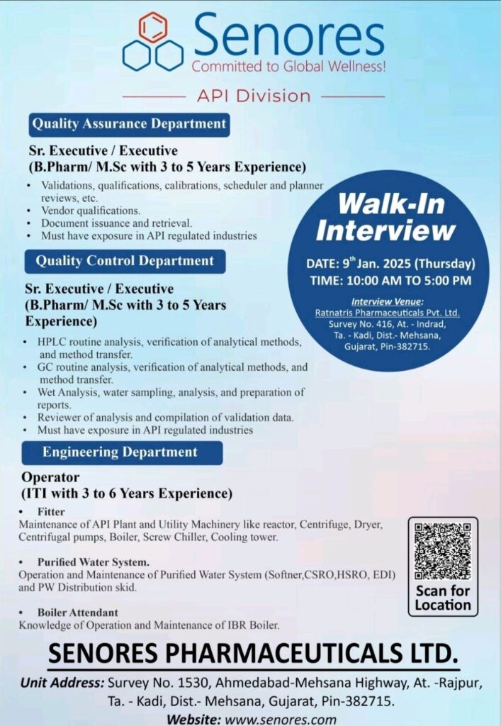 Senores Pharmaceuticals Ltd Walk In Drive on 9th January 2025 (Thursday)