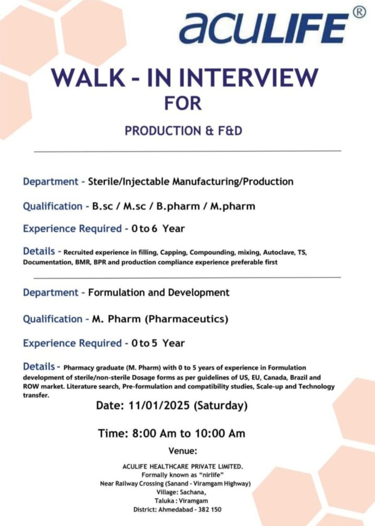 Aculife Healthcare Private Limited Walk In Drive on 11th January 2025 (Saturday)