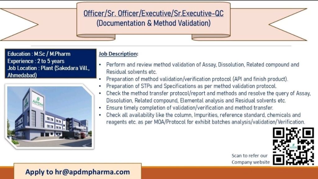 APDM Pharmaceuticals Pvt. Ltd hiring for Quality Control Department 