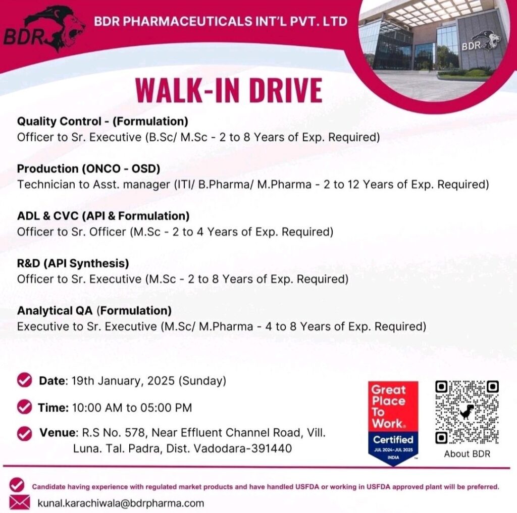 BDR Pharmaceuticals Int'l Pvt. Ltd Walk In Drive on 19th January, 2025 (Sunday)