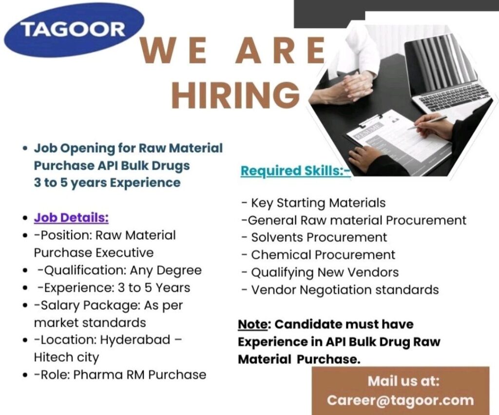 Apply Now: Raw Material Procurement Executive for API Bulk Drugs at Tagoor Laboratories