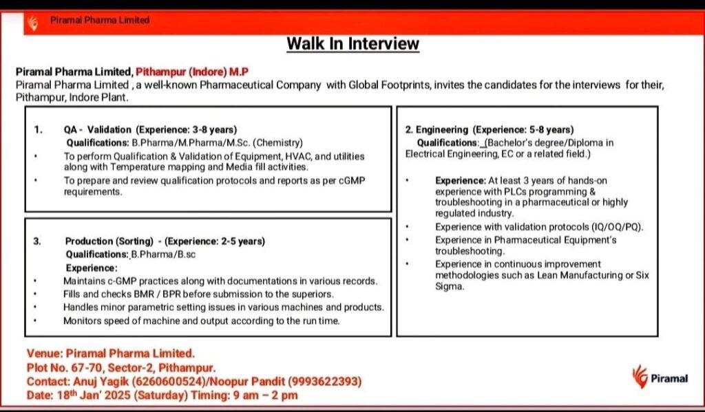Piramal Pharma Limited - Walk-in Interview on 18th January 2025 (Saturday)  for QA Validation, Engineering & Production (Sorting) Positions