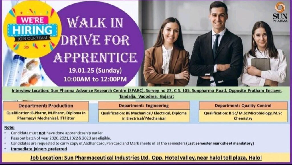 Join Sun Pharma's Growing Team! Walk-in Interview for Production, Engineering, and Quality Control Positions for freshers 