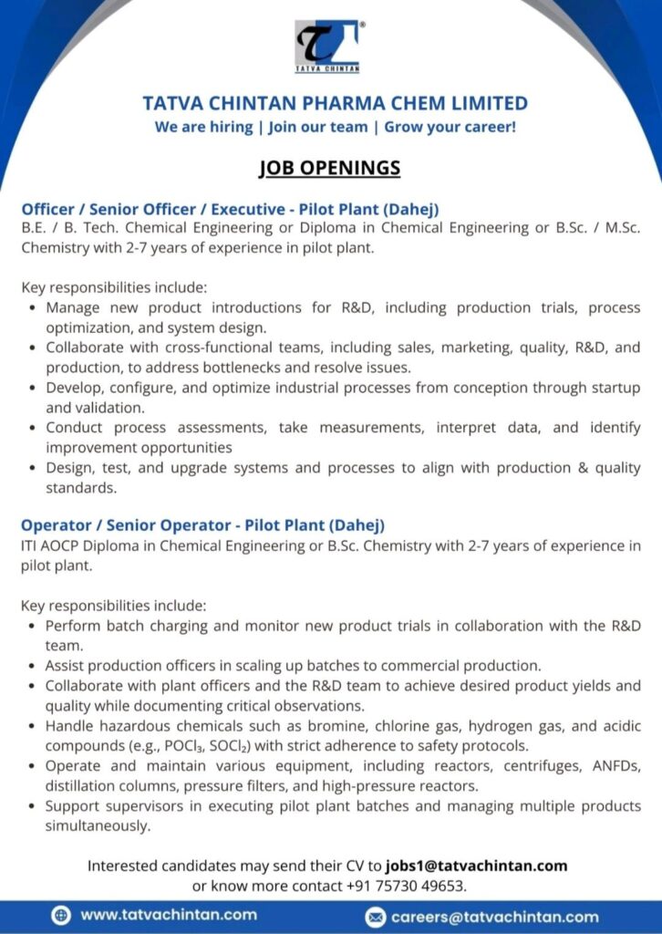 Join Tatva Chintan Pharma Chem Limited: Officer and Operator Roles Available