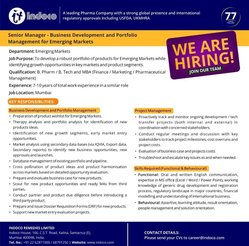 Indoco Remedies Limited hiring for Senior Manager - Business Development and Portfolio Management for Emerging Markets