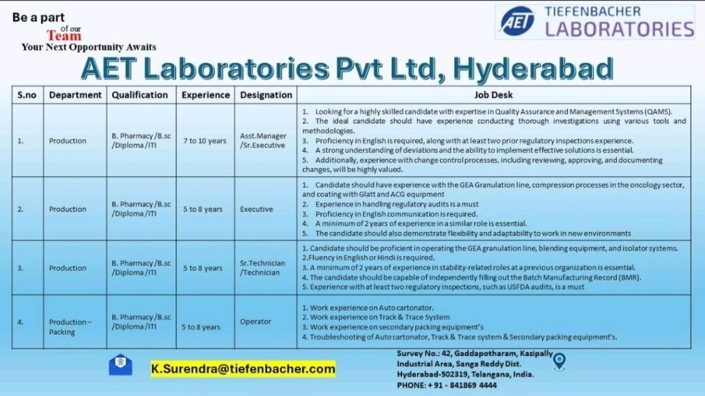 Tiefenbacher Laboratories hiring for Production & Production Packing Department 