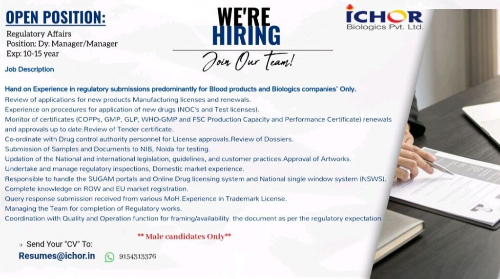 ICHOR Biologics Pvt. Ltd hiring for Regulatory Affairs Department 