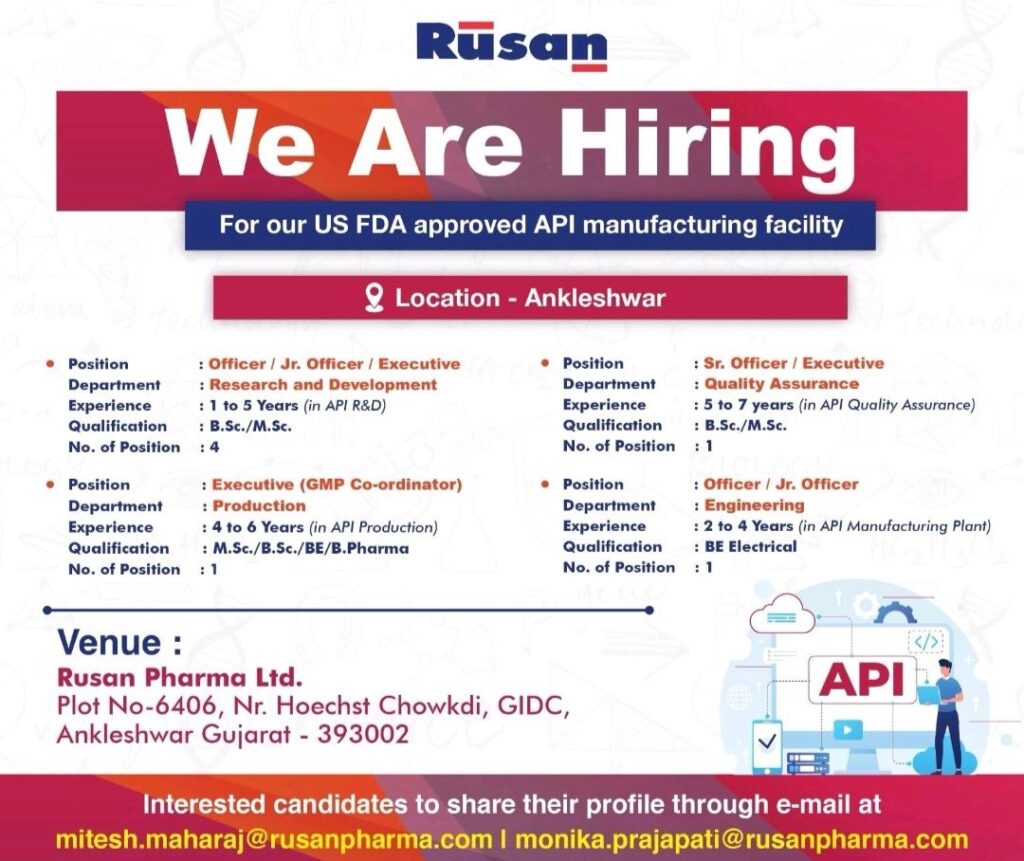 Explore Jobs at Rusan Pharma Ltd's US FDA Approved Facility in Ankleshwar