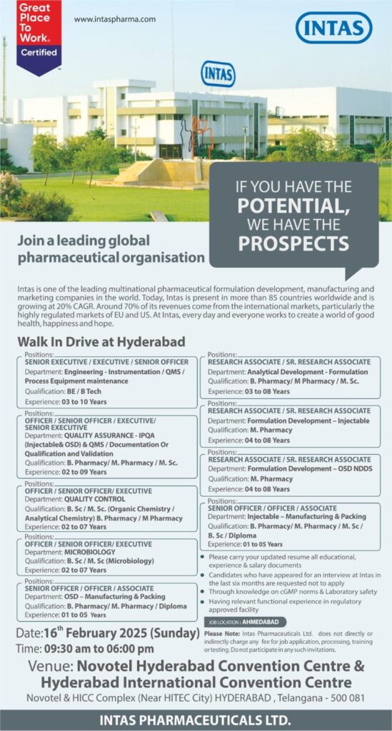 Intas Pharmaceuticals Walk In Drive at Hyderabad