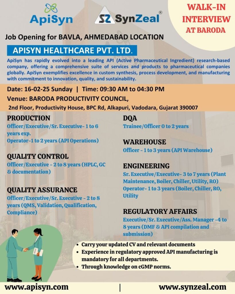 ApiSyn Healthcare walk-in interview at Baroda 