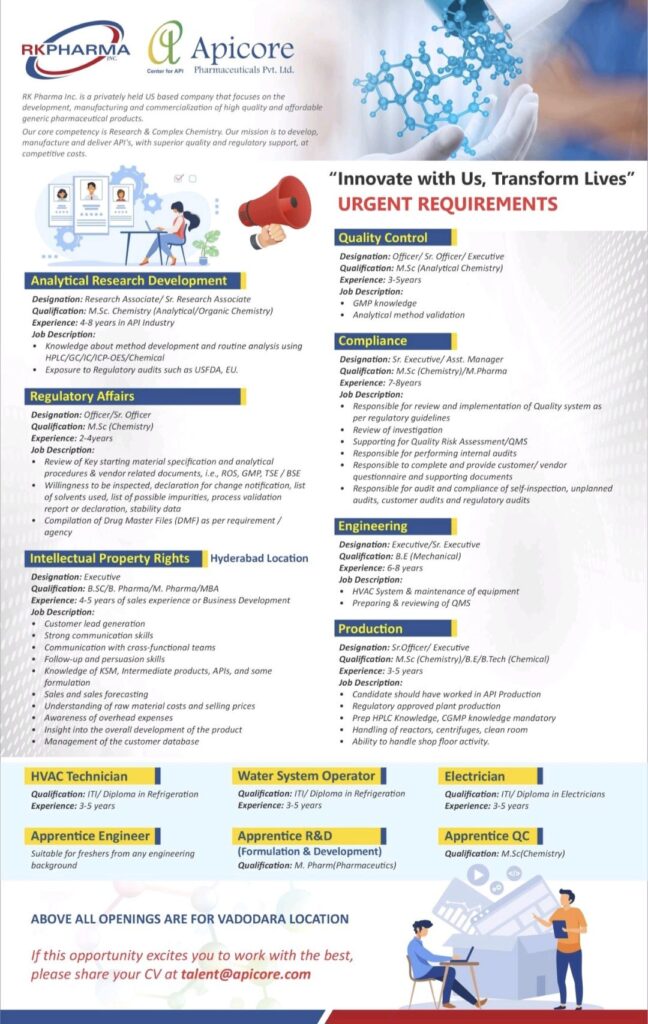 Join a Leading Pharmaceutical Company: Multiple Positions at Apicore Pharma