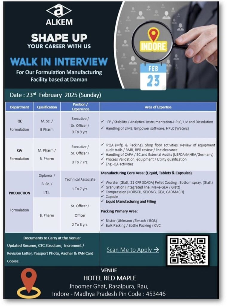 Alkem Laboratories Hiring for QA, QC and Production Departments - Attend Our Walk-In Interview on 23rd February 2025 (Sunday)