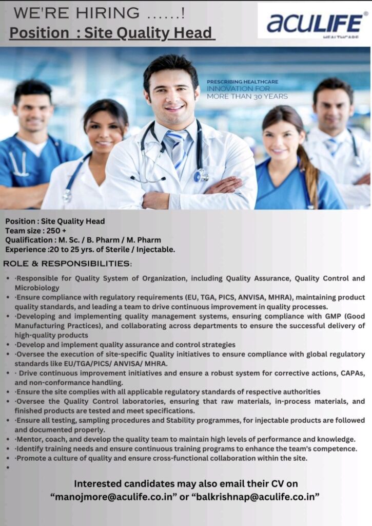 Hiring: Site Quality Head – Lead Quality Excellence at Aculife Healthcare