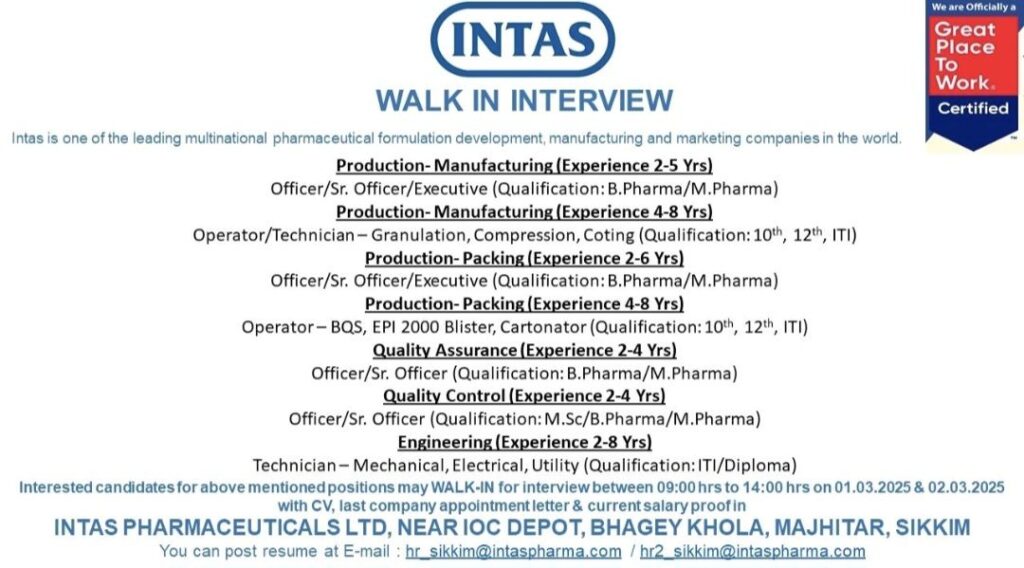 Career Opportunities at Intas Pharmaceuticals