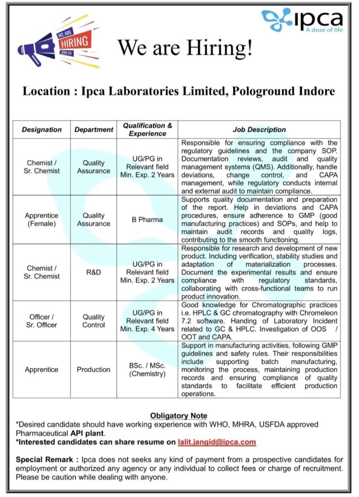 Ipca Laboratories Ltd. – Hiring for Multiple Positions