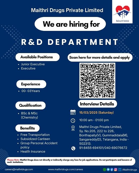 Join in R&D Department at Maithri Drugs Private Limited