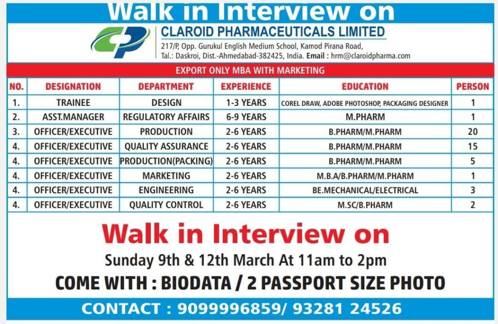 CLAROID PHARMACEUTICALS LIMITED CAREERS