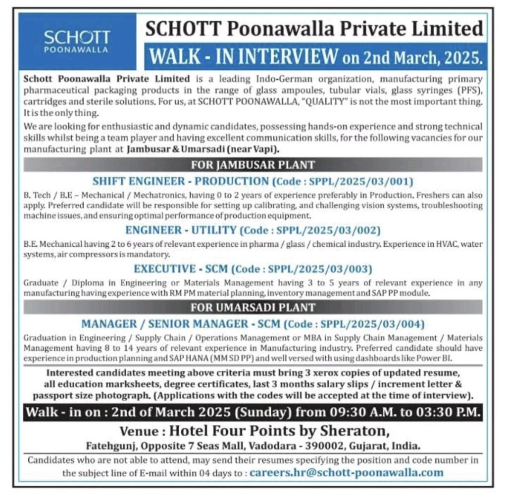 Join SCHOTT Poonawalla: Walk-In Interviews