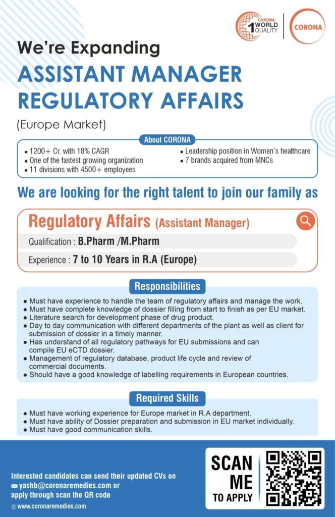 Corona Remedies Hiring for Regulatory Affairs (Assistant Manager) Department