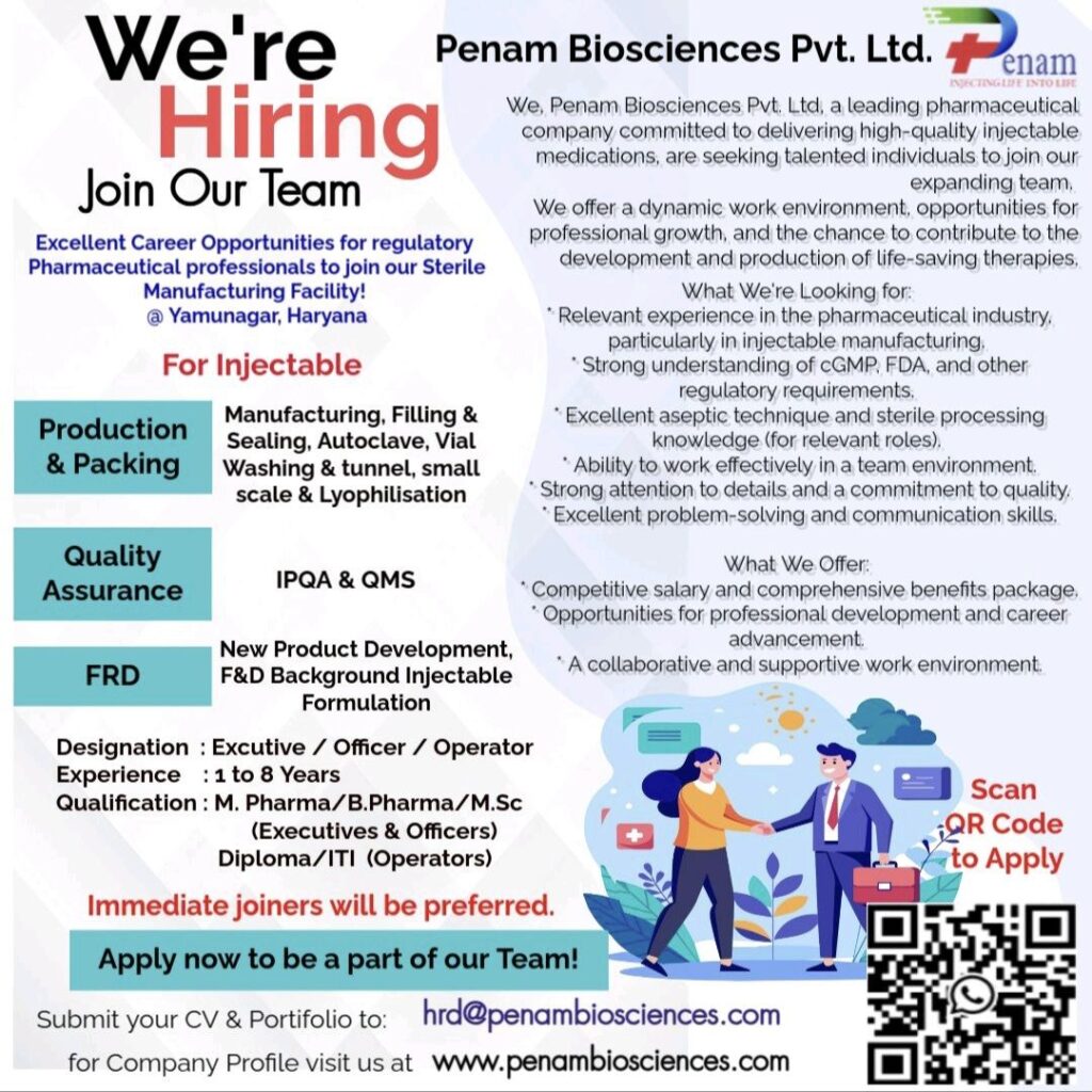 Penam Biosciences Pvt. Ltd hiring for Production & Packing, Quality Assurance & FRD Department 