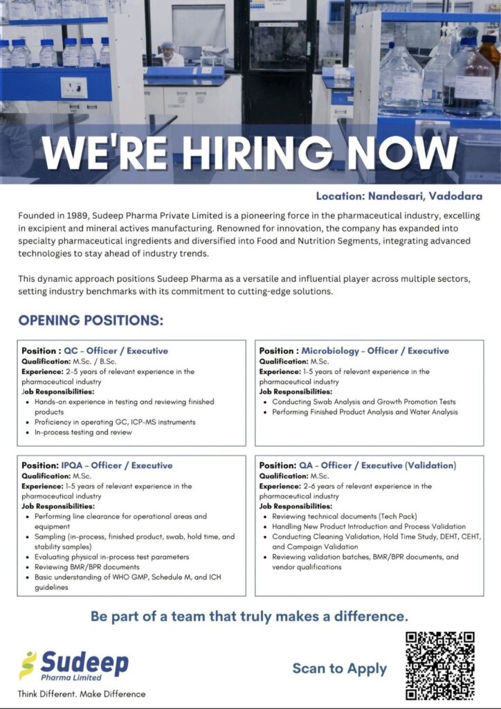Explore Job Openings for QC, Microbiology, IPQA & QA Department at Sudeep Pharma
