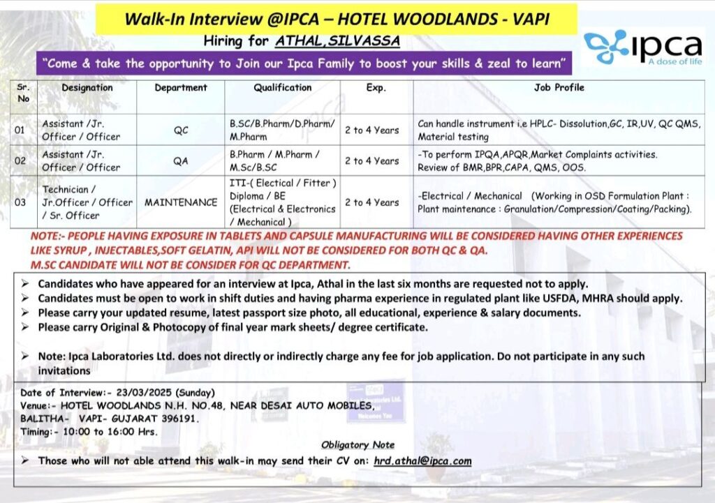 Ipca Laboratories Walk In Drive on 23/03/2025 (Sunday) for QC, QA & Maintenance Department 